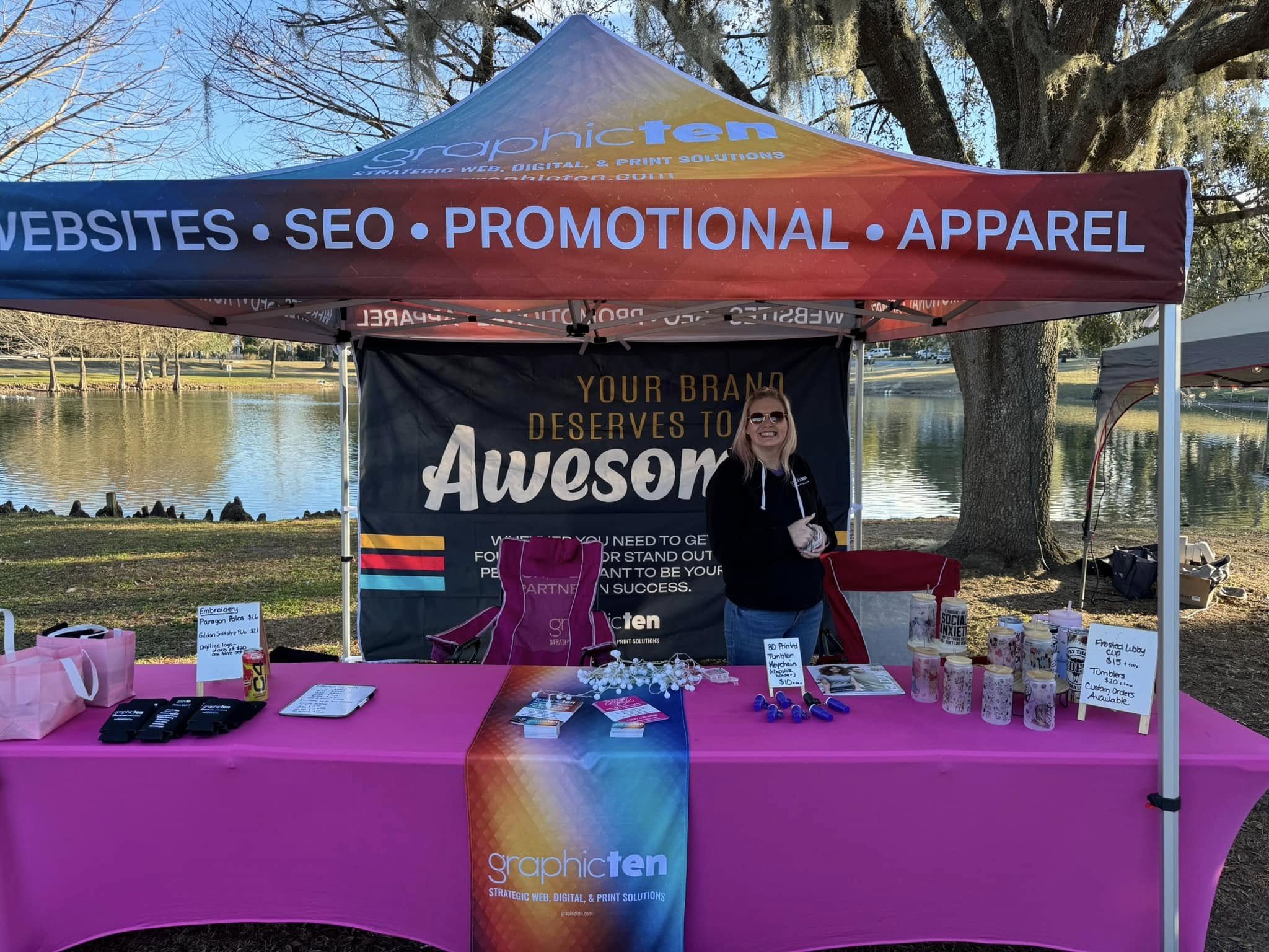 Custom event tent setup at Lake Lillian Belleview